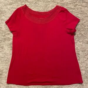 Basic Editions Women's Large Round Crochet Lace Neck Short Sleeve Red Cotton